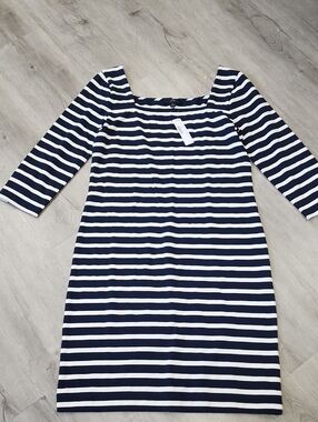 J. Crew Navy and White Striped Square-Neck Long Sleeve Dress